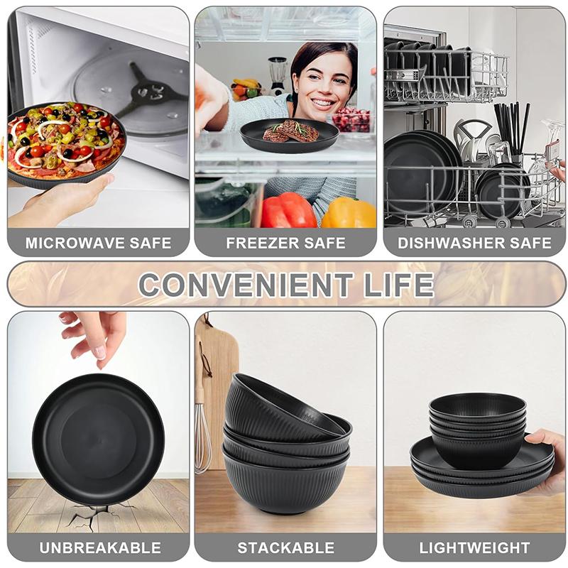12 ks Sada nádobí ze pšeničné slámy Nerozbitná sada talířů a misek Opakovaně použitelné sady nádobí Vhodné do myčky a mikrovlnné trouby
