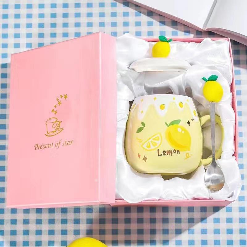 Korean version cute water cup boys and girls ceramic cup with lid spoon large capacity mug office coffee breakfast cup