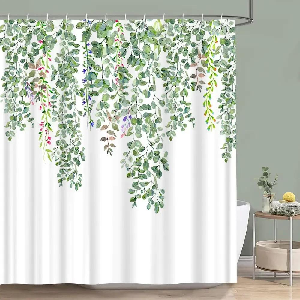 Sage Green Shower Curtain Plant Botanical Eucalyptus Leaf Watercolor Greenery Leaves Floral Bath Curtains Fabric Bathroom Decor