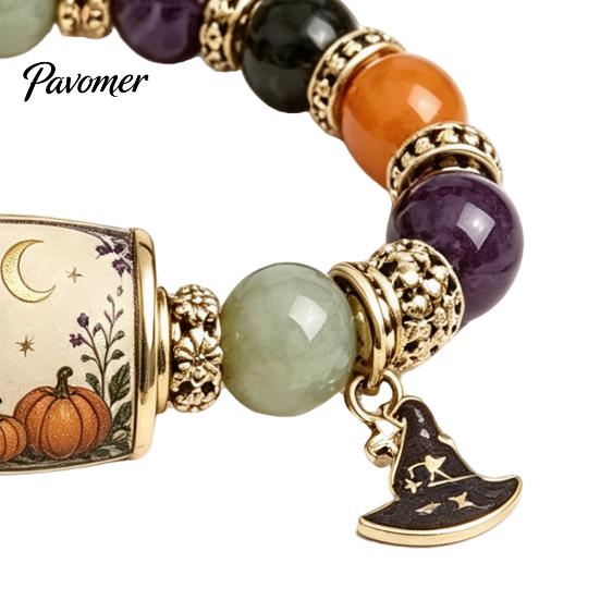 Cute Halloween Themed Gift Stretch Beaded Bracelet with Box, Black Cat Pumpkin Ghost Stylish Wrist Accessory for Parties Crow Witch Hat/Moon