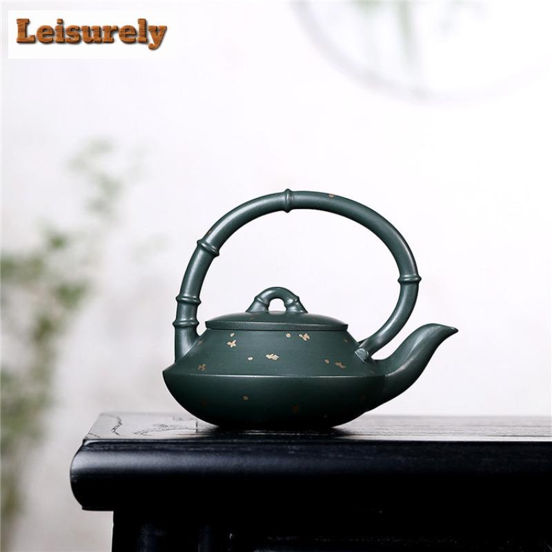 280ml Authentic Yixing Purple Clay Teapot Handmade Sprinkle Gold Bamboo Joint Pot Raw Ore Green Mud Kettle Zisha Teaset Supplies