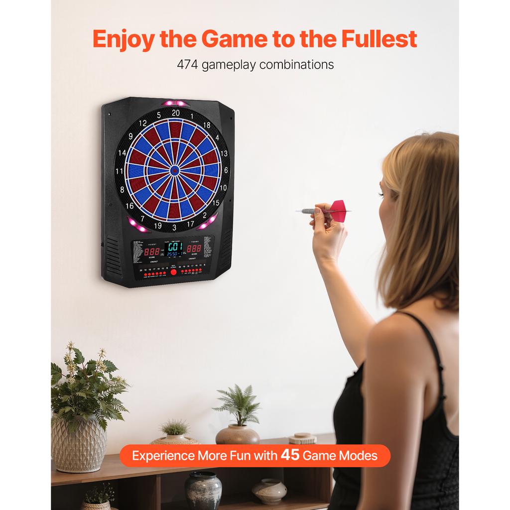 SucceBuy 13.5inch Electronic Dart Board 45 Games 474 Variations 8 Players 6 Darts 50 Soft Tips LED Scoring for Home Party Bar