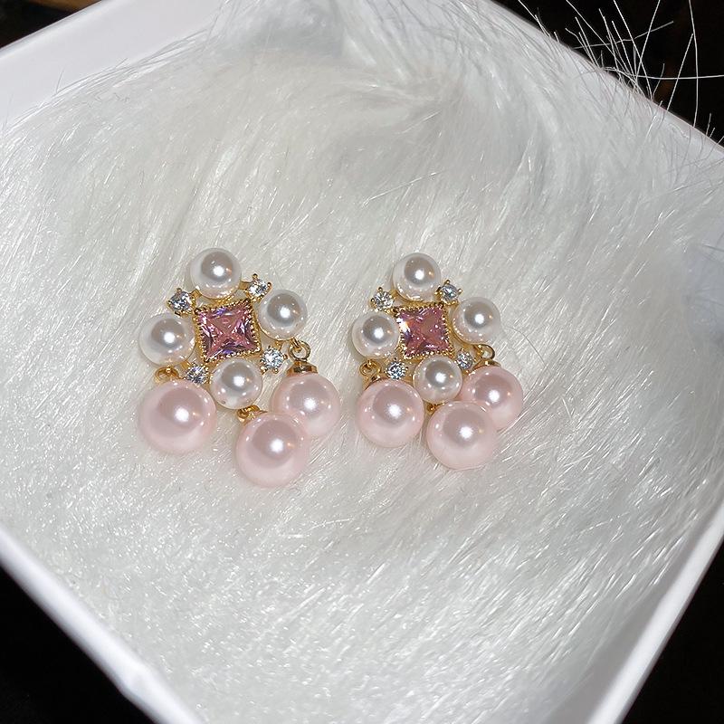 Gold-Plated Silver Diamond Pearl Stud Earrings - French Retro Light Luxury Ear Jewelry