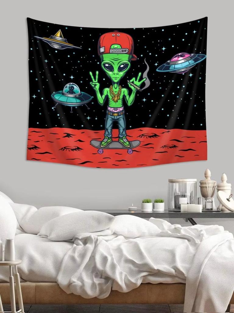 Cartoon Alien Spaceship Tapestry Planet Pattern Wall Hanging Flag for Bedroom Dorm Living Room SciFi Room Accessories