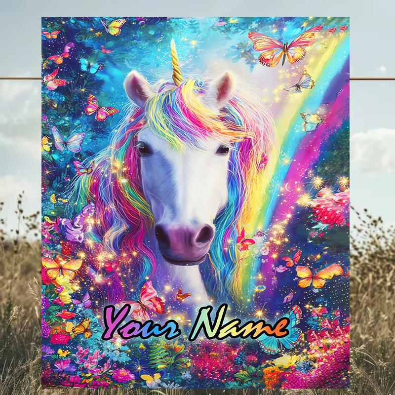 1PC Custom Name Rainbow Unicorn Fantasy outdooor Flannel blankets Patterns Throw Blanket All-Season Soft Gift for Couch, Bed, Camping gifts