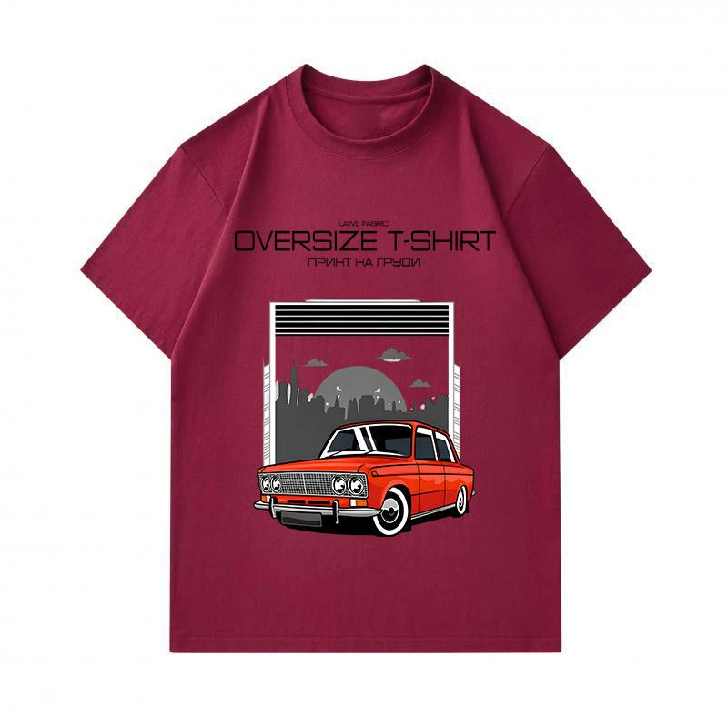 Men's 100% Cotton Crew Neck Short Sleeve T-Shirt, Retro Red Classic Car Urban City Sunset Print Casual Oversized Comfortable Summer Tee For Street Dai
