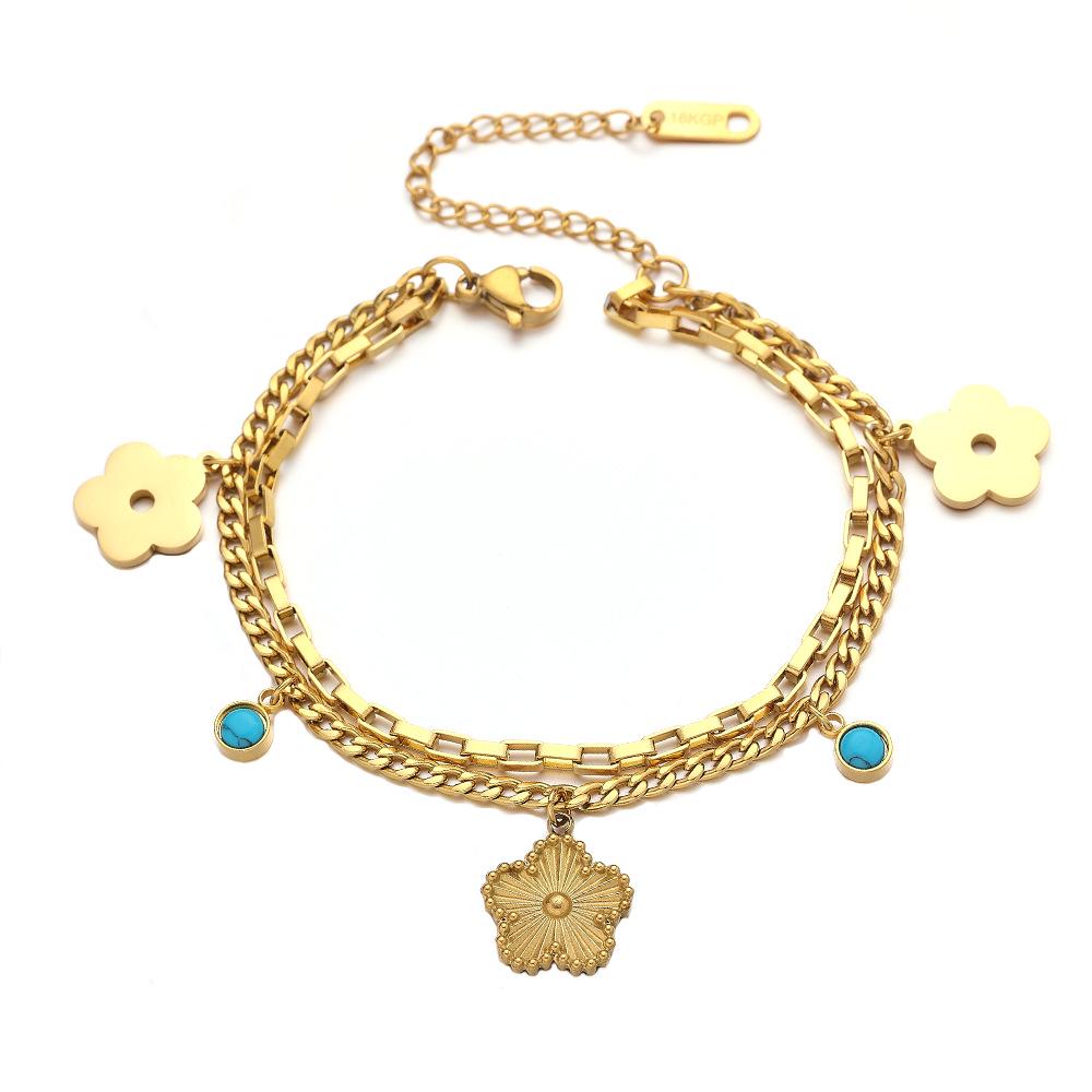 18K Gold-Plated Double Layer Stainless Steel Bracelet with Retro Five-Petal Flower Pendant for Women