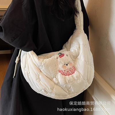 Large Capacity Cartoon Shoulder Bag Women's 2025 Autumn and Winter New Cute Bear Messenger Bag Commuter Cotton Clothes Down Bag