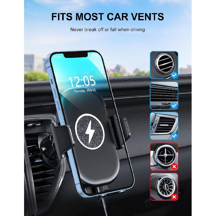 Wireless Car Charger Mount, Max 15W Fast Charging Car Phone Holder Charger, Phone Mount for Car Air Vent Compatible with iPhone 16 15 14 13 12 11 Pro