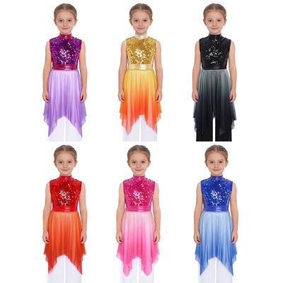 Girls Liturgical Dance Tunic Mock Neck Sleeveless Design Asymmetrical Skirt Sequined Bodice Praise Dance Outfit