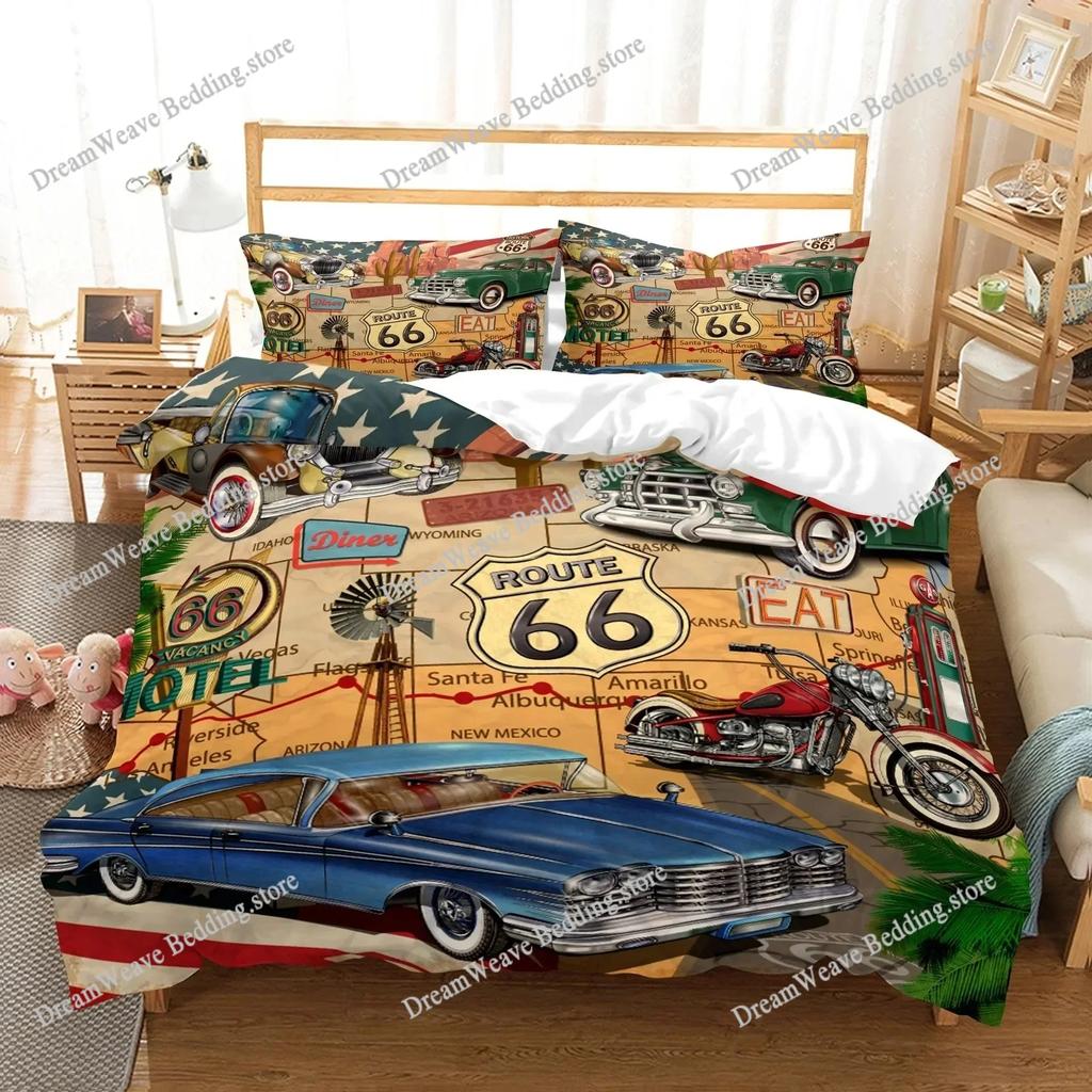 New York Statue of Liberty Duvet Cover KingQueen Size Retro Car Nostalgic 50s Polyester Bedding Set,Vintage Car Quilt Cover9639
