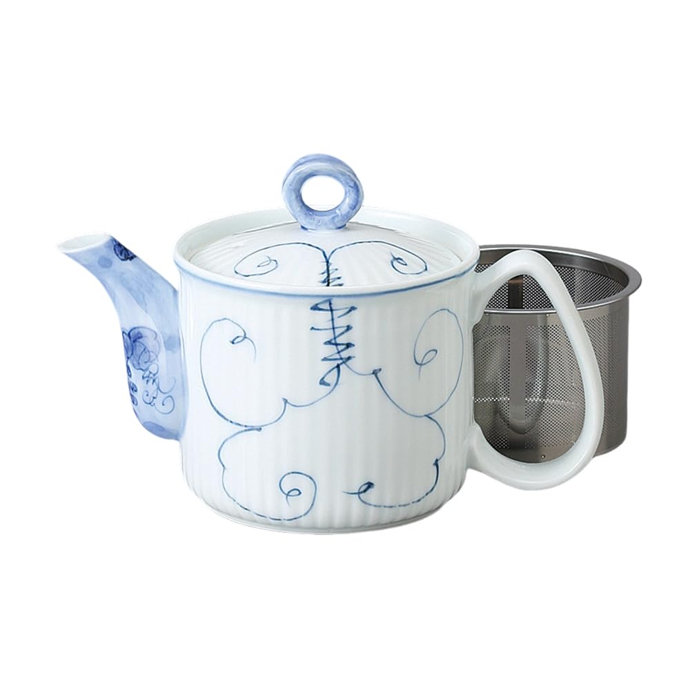 Ale-net Teapot (Stainless Steel with Strainer), 9 x 10.5 cm, 350cc, Arita Ware Arabesque Grape Design, Lightweight, Porcelain, Made in Japan, Stylish