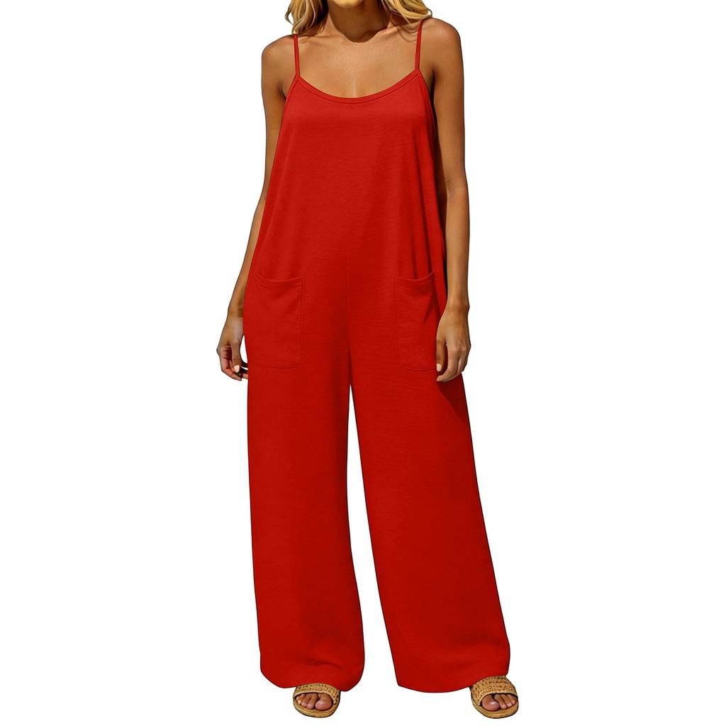 Women's Jumpsuit, Casual And Loose Fit, Featuring A Backless Design With Vintage Thin Straps. This Loungewear Jumpsuit Is Made From A Cotton And Li
