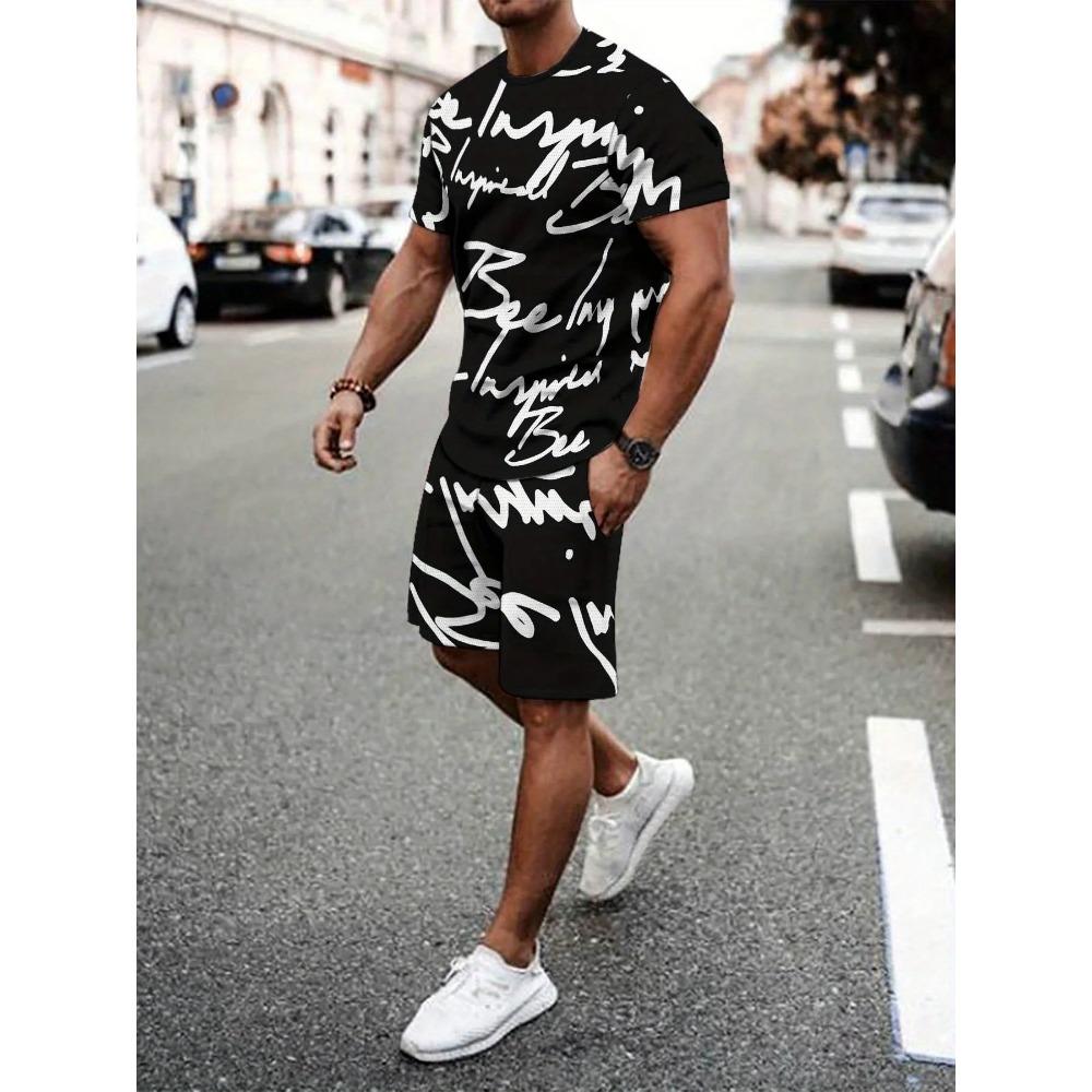 Men's Trendy 3D Personalized Graffiti Short Sleeved Shorts Set Outdoor Casual Breathable Two-piece Set