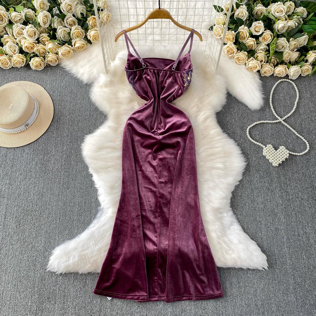 Summer Women Vintage Spaghetti Strap Sequined Velvet Long Midi Slim Bodycon Party Fishtail Dresses