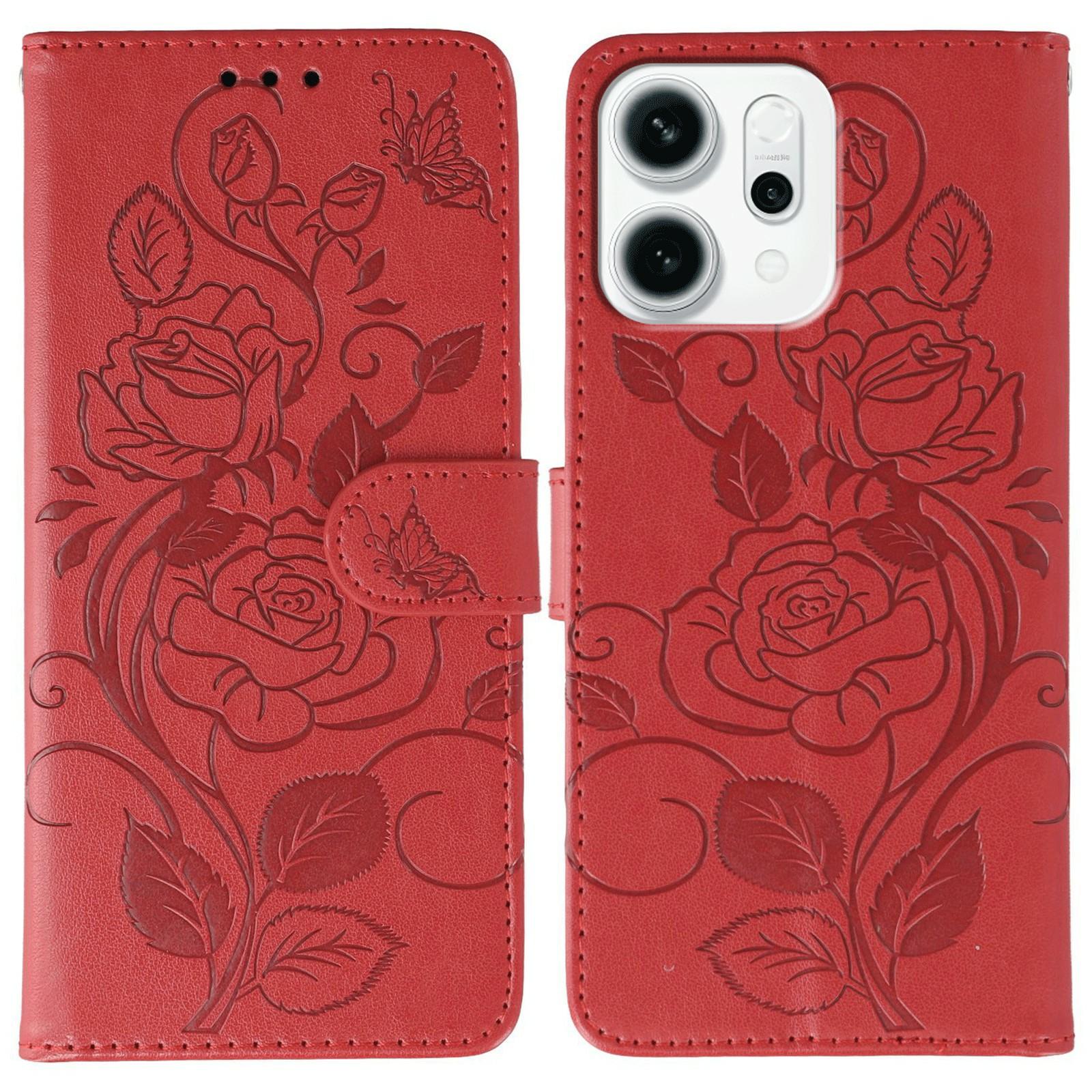 

For Oppo Reno14 F 5G Case Wallet Stand Imprinted Rose Butterfly PU Leather Phone Cover Red