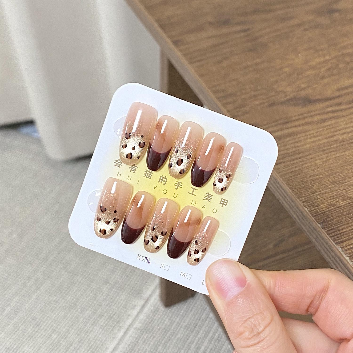 Leopard Print Rhinestone Cat Eye Charm Purple Sparkle Handmade Nails Extra Small Narrow Oval