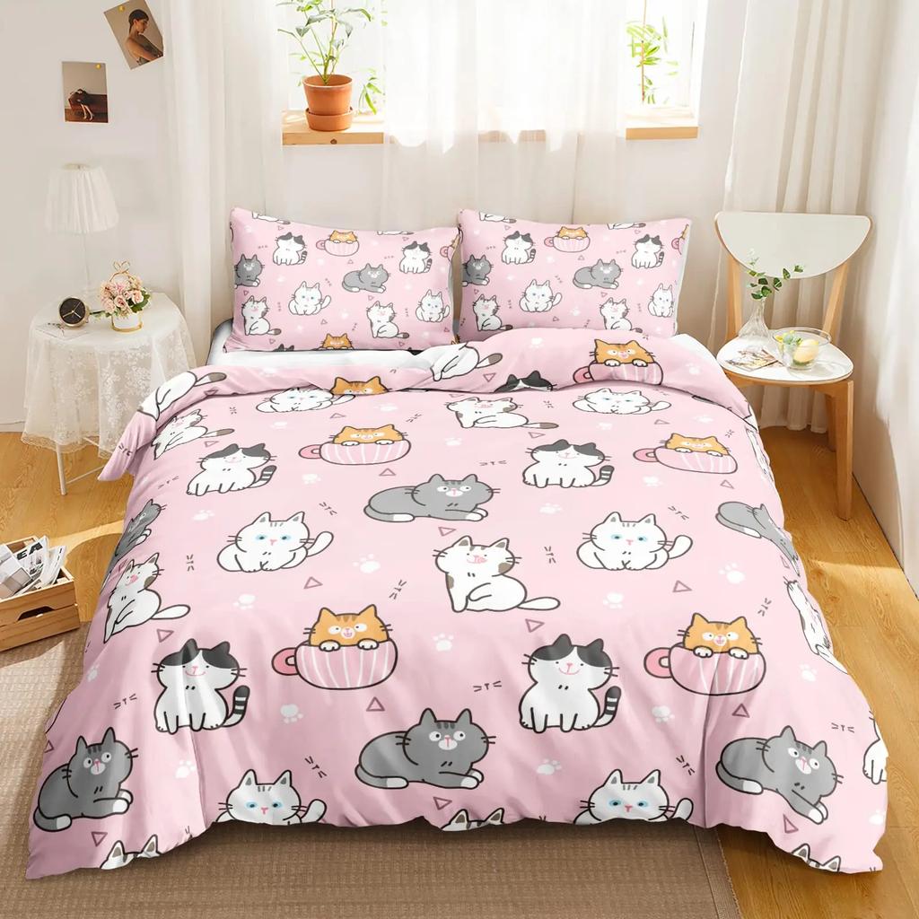 Kawaii Cat Duvet Cover Set for GirlsCute Cartoon Animal Kitten Bedding Set Lovely Romantic Theme Soft Comforter Cover Full Size