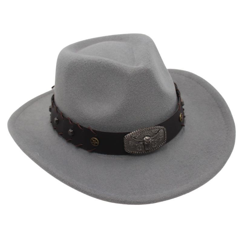 Gekreuztes Stierkopf-Abzeichen Zylinderhut Westlicher Cowboyhut Britischer Jazzhut Nationaler Stil Filzhut Ritterhut Elegant