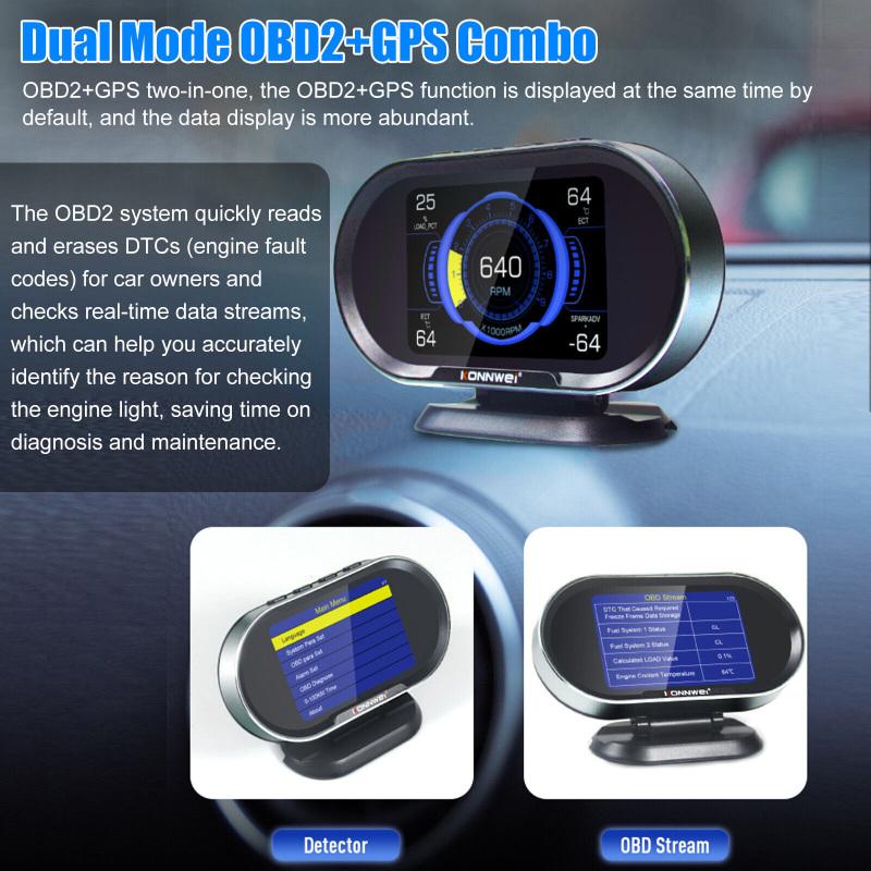 Kw206 2 In 1 Car Fault Scanner Obd2 Gps Digital Speedometer Hud Head Up Display Alarm Diagnostic
