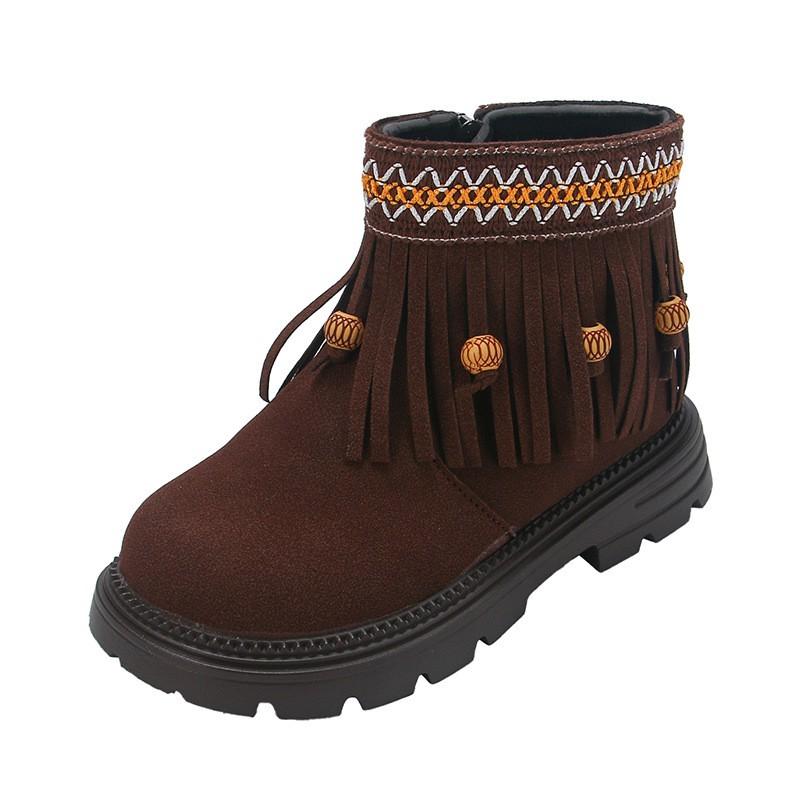 Girls Winter Boots With Tassel Trim Faux Leather Mid-Calf Warm Shoes Kids Ages 4-12 Rubber Sole Anti-Slip