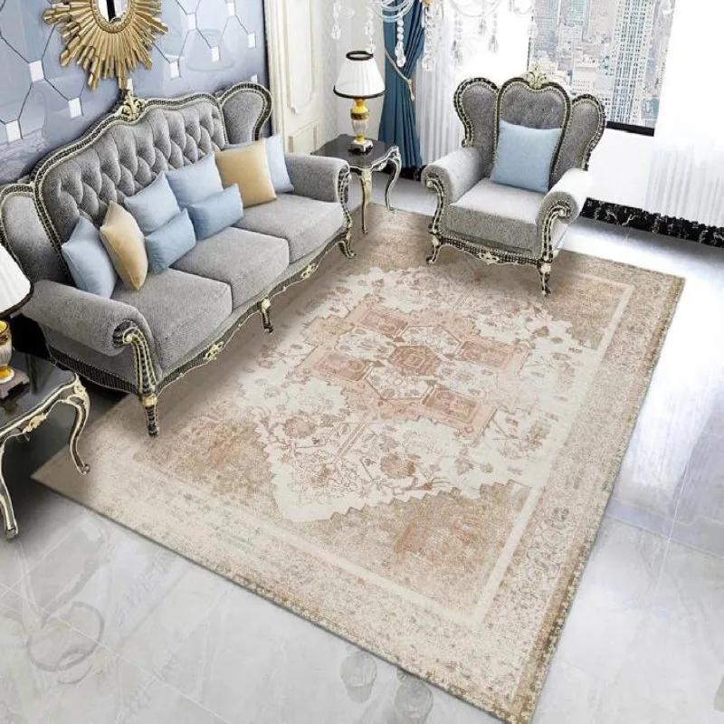 Beige Persian Retro Area Rug Soft Machine Washable Living Room Carpet Easy Fold Balcony Cloakroom Bedroom Floor Mat Easy Care