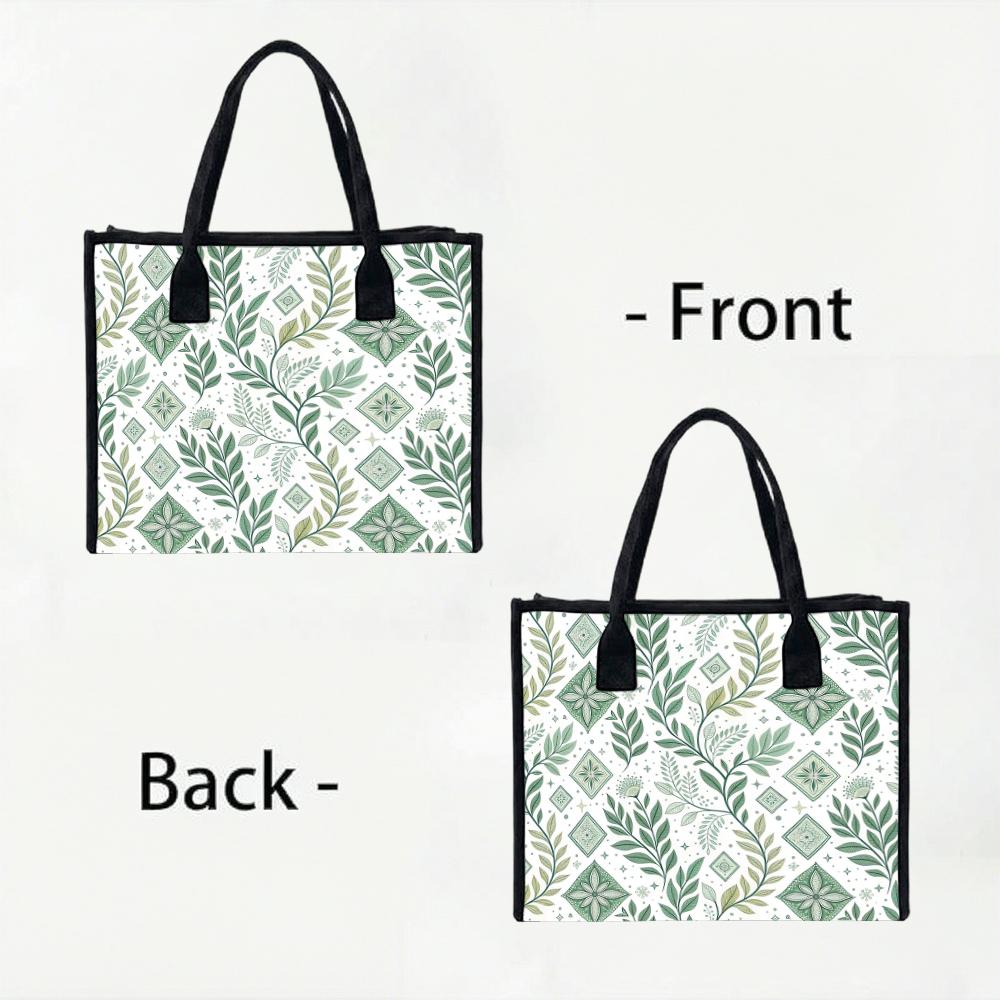 Green Leaf Pattern Tote Bag Portable Daily Canvas Shoulder Handbag for Outdoor Shopping