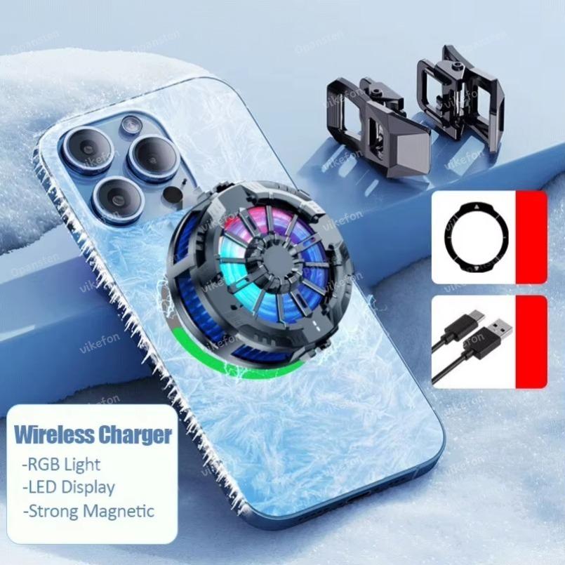 Magnetic Wireless Chargers RGB Light Cooling Fan Phone Radiator & Back Clip For Magsafe iPhone 16 15 14 13 12 Pro Samsung Gaming