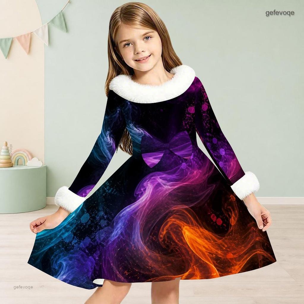 Girls Furry Collar Long Sleeve Galaxy Printed A Line Flared Dress
