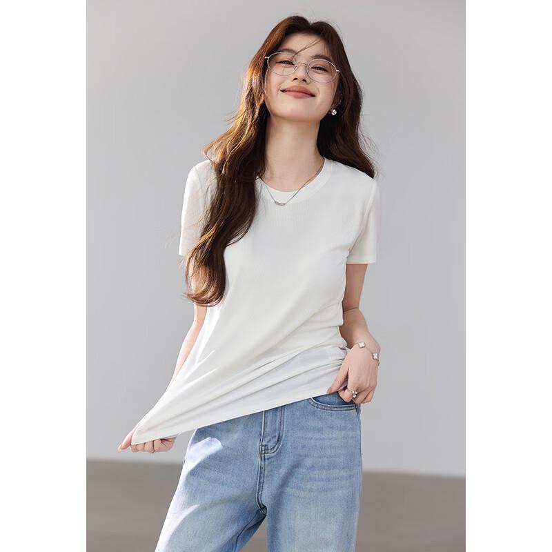 VICTORIA&VERA Women's Ribbed High-Stretch Mulberry Silk Short Sleeve T-Shirt