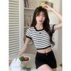 2026 Slim Fit Striped Knit Top Round Neck Color Block Hollow Out Short Sleeve Young Adults