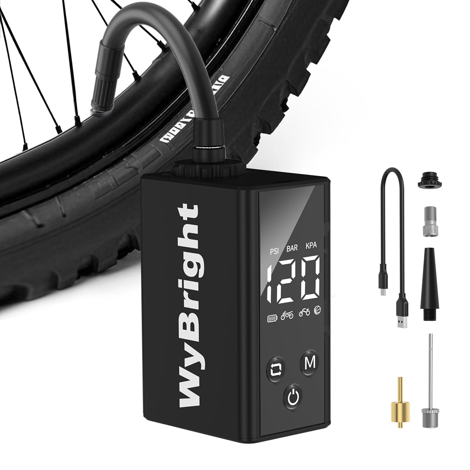 

WyBright Bicycle Air Mini Electric Maximum Pressure 120 Small Electric Bicycle Air Type Automatic Quick Compatible with and British Compatible with чёрный