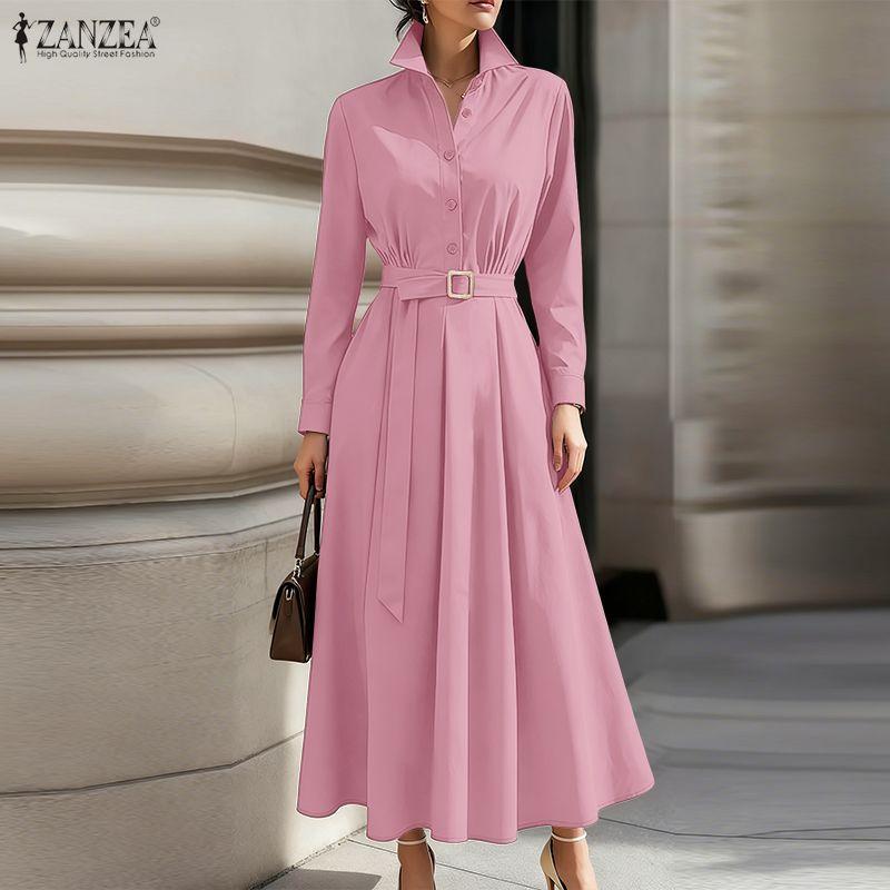 ZANZEA Damen Casual Turn Down Kragen Lose Langarm Shirt Kleid