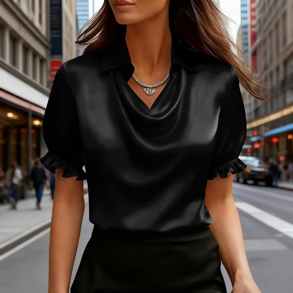 Women's Fashionable Lapel Short Sleeved Temperament Pullover Shirt Top