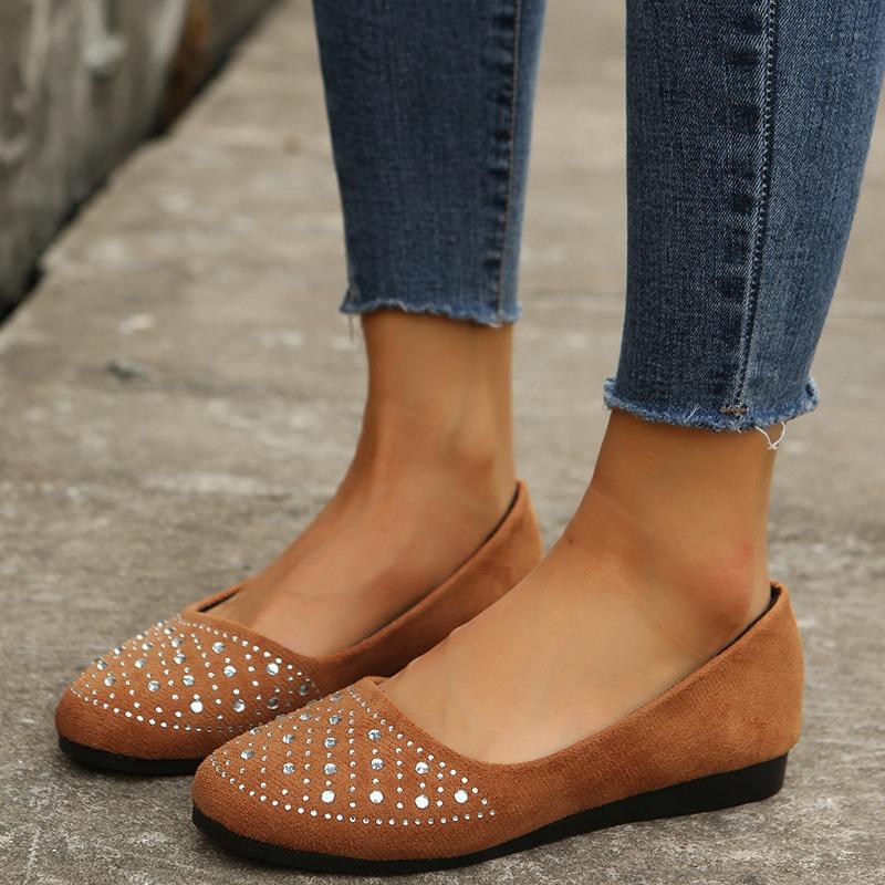Women's Shoes Flat Heel Shallow Mouth Mother Shoes Flat Bottom Rhinestone Round Head Single Shoes Women