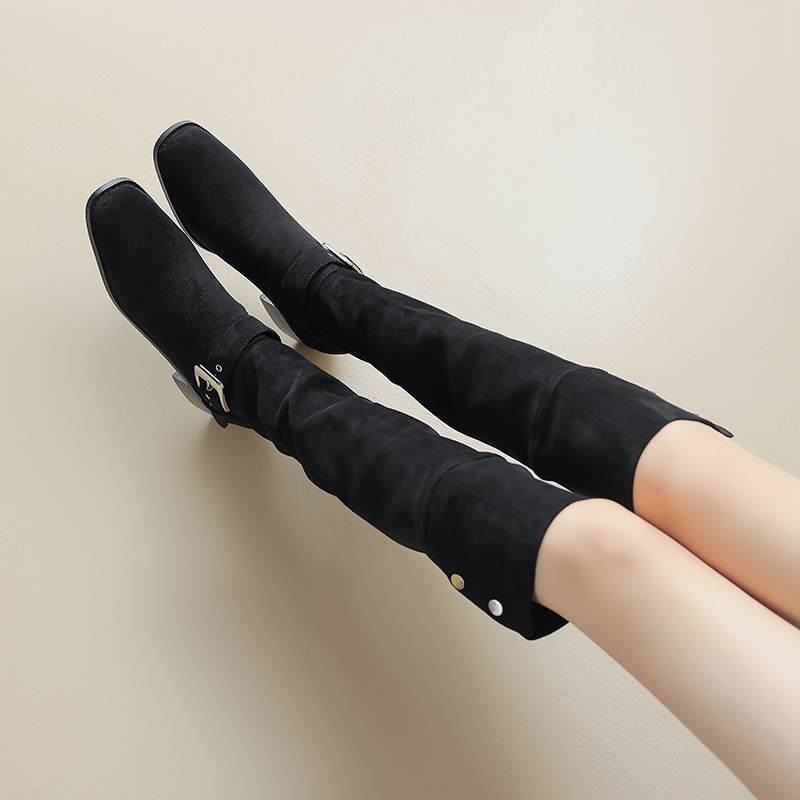 Krazing Pot Zapatos de Microfibra con Pelo Otoño Invierno Tacón Medio Grueso Botas de Montar Remaches Punta Cuadrada Mantener Caliente Botas Altas hasta la Rodilla