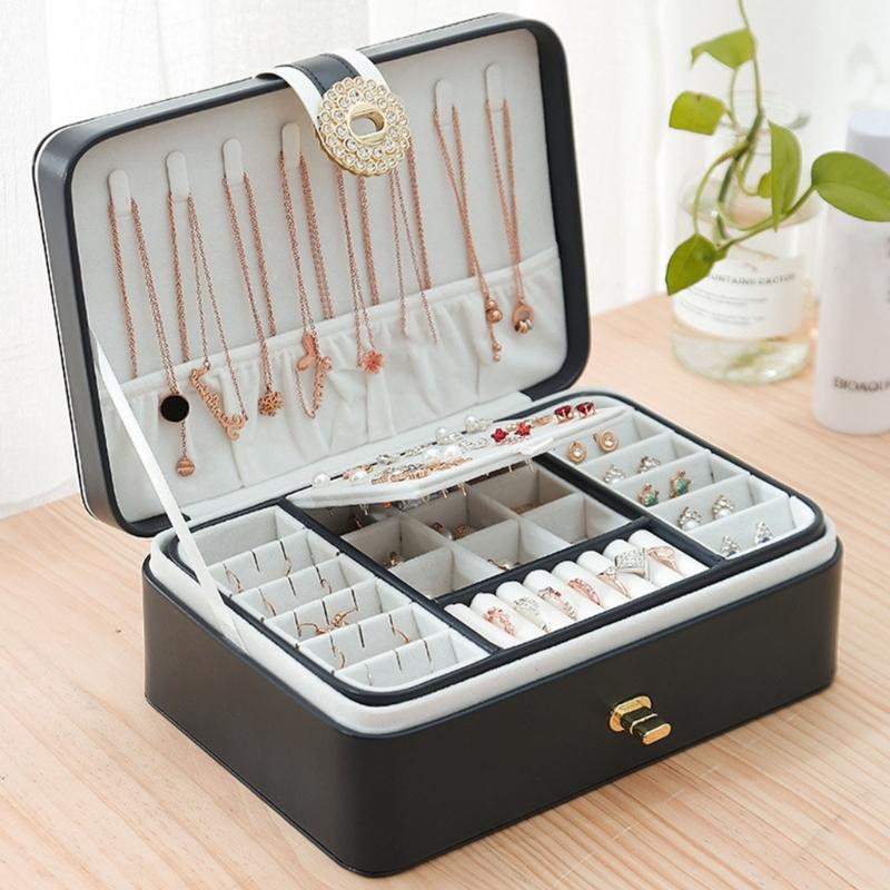 Jewelry Box with PU-Covered Exterior, Lift-Out Upper Tray, Ring Rolls, Earring Panel, Necklace Hooks, and Lid Pocket