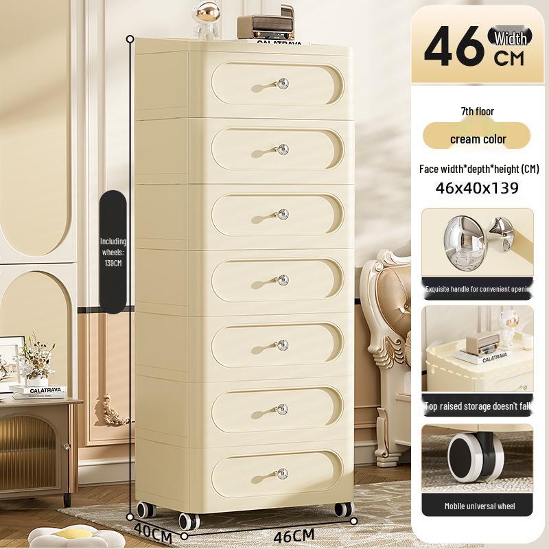 Cream Style Plastic Storage Cabinet: Thick Drawer-Type Bedside Table for Bedroom or Living Room Snack Storage.