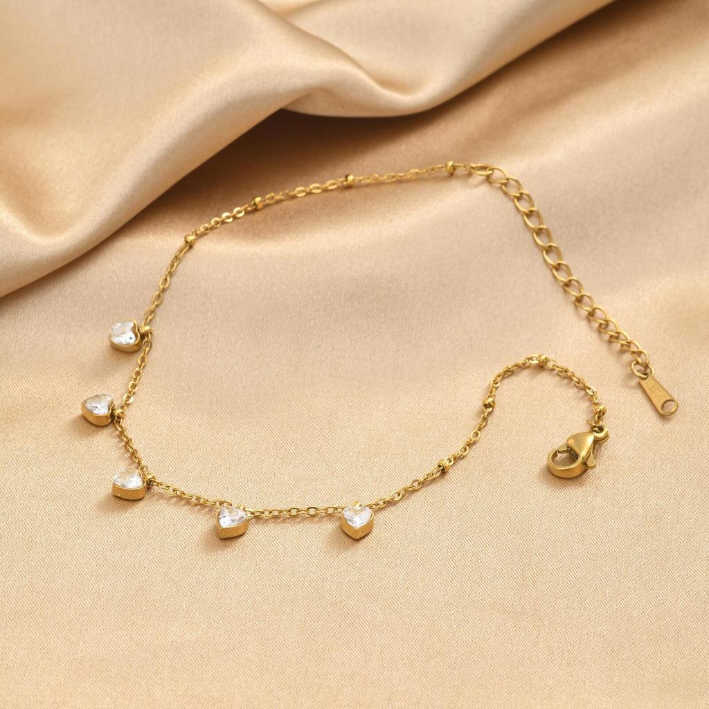 Heart Stainless Steel Anklet Bracelet Waterproof Gold Plated CZ Stone Satellite Chain French Style Jewelry for Women