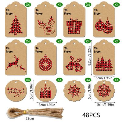 48/96 Pack Christmas Gift Tags , Festive Paper Decorations for Presents and Packaging, Hanging Ornaments, No Electricity Needed