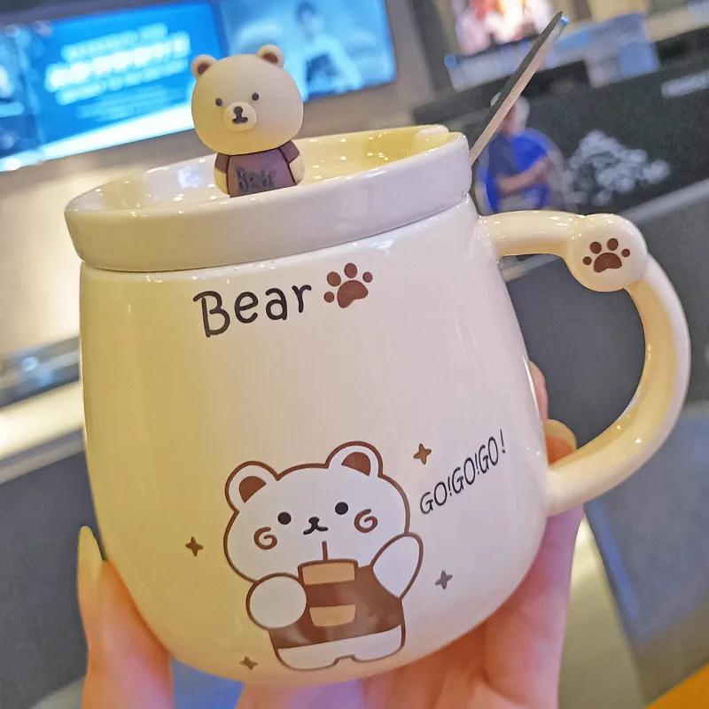 Kreative Keramiktasse mit Bär, Niedliche Cartoon-Kaffeetassen mit Deckel und Löffel, Frühstücks-Milchgetränkebecher, Wasserbecher für Paare, Bürotassen-Set