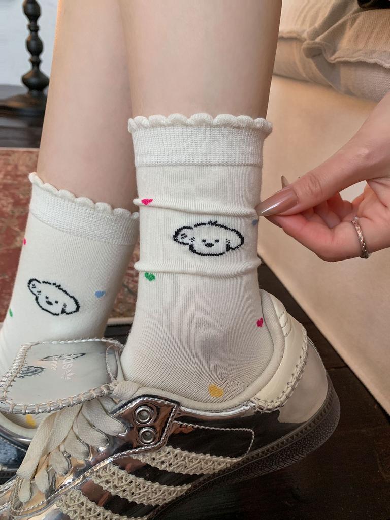 White Cartoon Socks Socks Spring Cotton Striped Stack Socks Cute Puppy Polka Dot Stockings