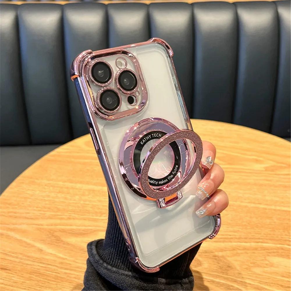 Shockproof Transparent Plating Glitter Stand Holder Case For Samsung S25 S24 S23 S22 Plus S21 Ultra Soft Silicon Bumper Cover