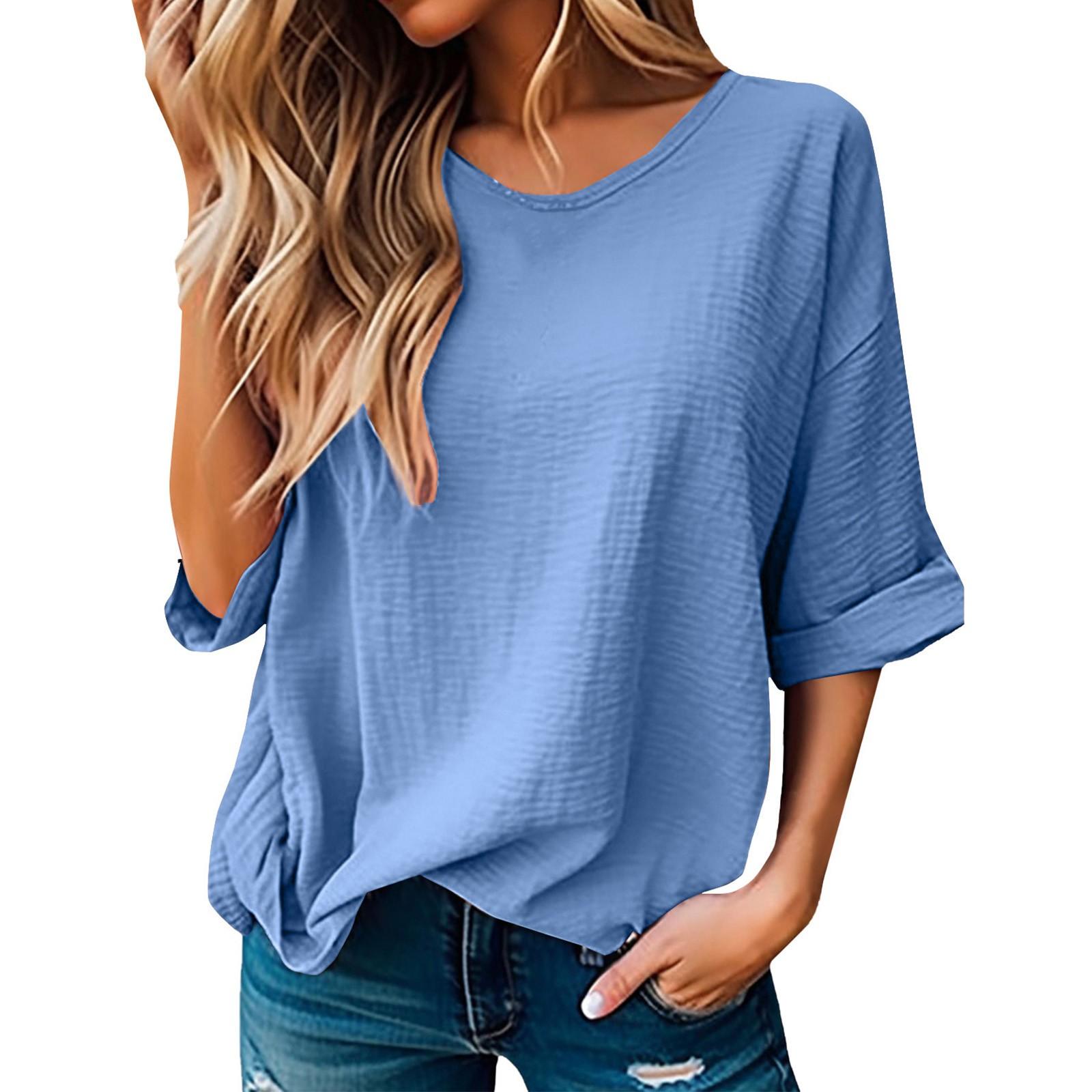 

Женская модная однотонная повседневная футболка-пуловер с круглым вырезом и рукавом пять четвертей M синий