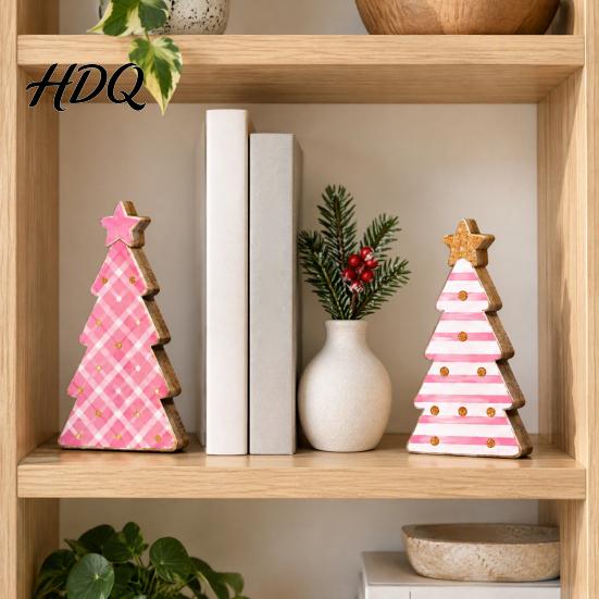 Holiday Party Centerpieces Pink Christmas Tree Wooden Figurine Snowflake Polka Dot Tabletop Decor Romantic Decorations Festive Home Ornament