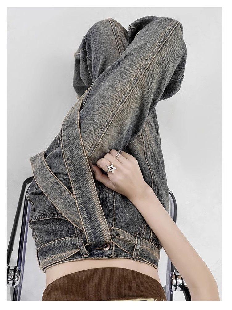Women's Retro Washed High-Waist Wide Leg Jeans - Distressed and Slimming Style for Spring & Autumn