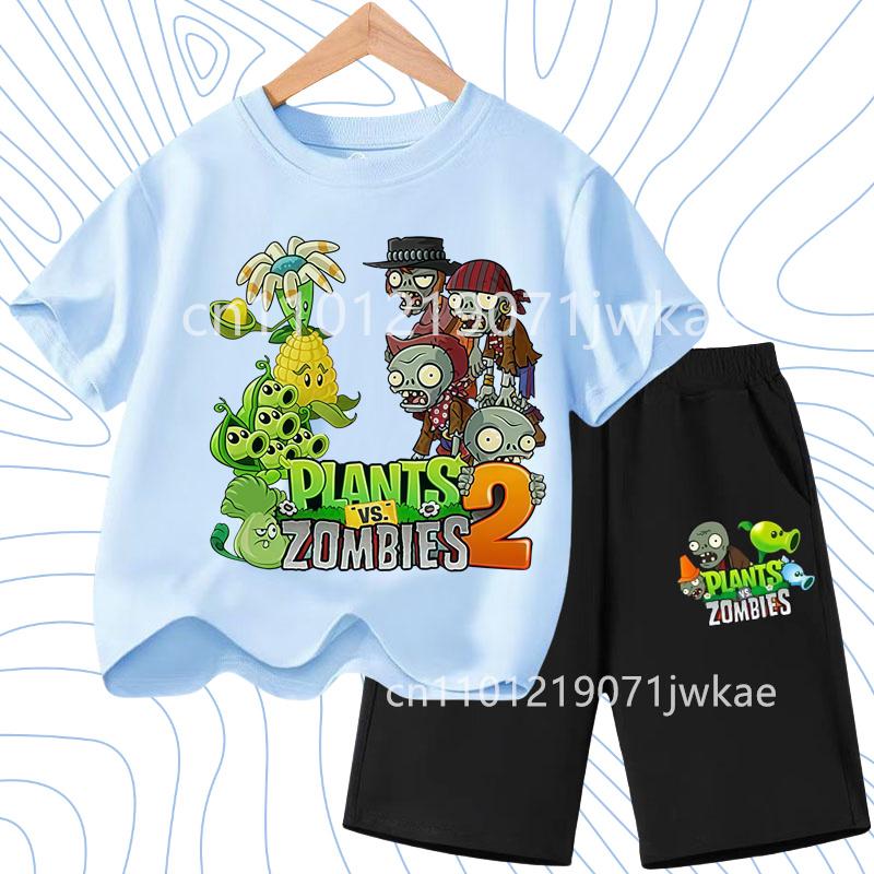 Kids Street Fashion Boys Girls T Shirt Set Plants Vs Zombies Cute Print 2026 Summer Casual Daily Wear 3-12 Age Shirt Suit