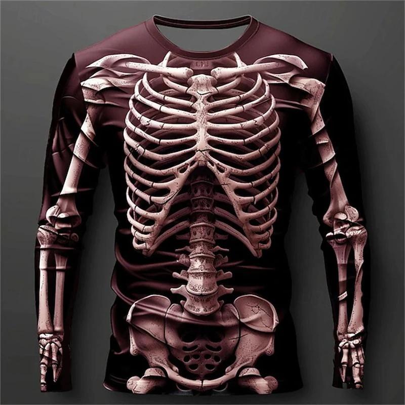 2026 New Autumn/Winter Men's 3D Full Body Skeleton Printed Long Sleeve Gothic Skeleton Pattern Round Neck Halloween Horror Punk