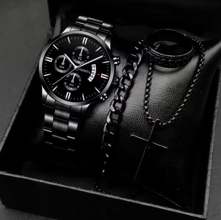 

Men S New Watch Set Cool Fake Three-Eye Quartz Watch Beaded Bracelet large price