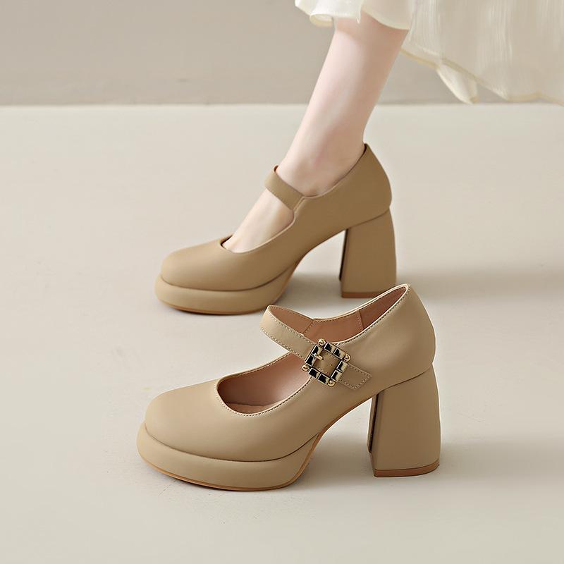 

Французские туфли Мэри Джейн из маленькой кожи, женская обувь, весна 2025, новые, темпераментные одинарные туфли на толстом каблуке, белый женский каблук с круглым носком 43 хаки